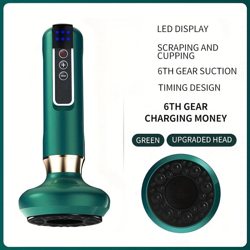 Green gua sha massager with LED screen and large circular suction head