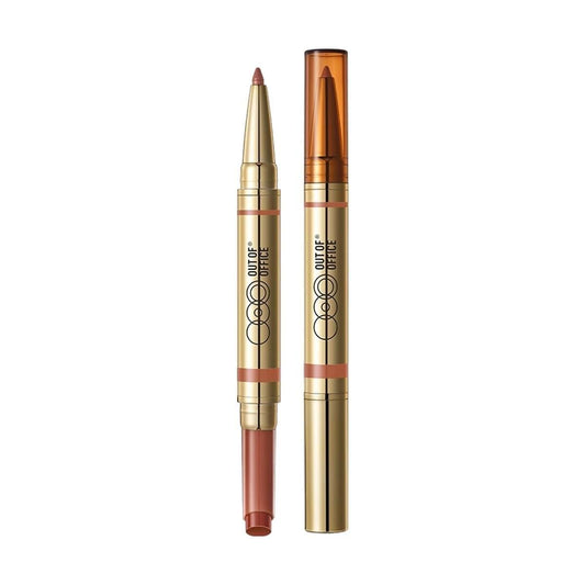 2-in-1 lip balm and lip liner duo pens, gold barrels with copper tips, two tubes