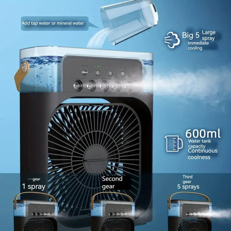 Black portable humidifier fan air cooler with top water tank and spray nozzles
