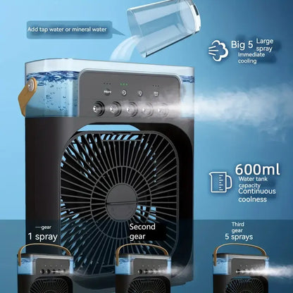 Black portable humidifier fan air cooler with top water tank and spray nozzles