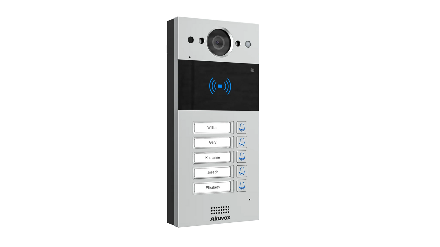 Akuvox R20BX5 IP Video Intercom – 5-Button SIP Door Station with 2MP Camera, Dual-Frequency RFID, PoE, Aluminum Body, Surface Mount SKU:R20BX5-SEC