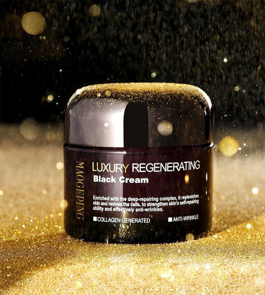 Black luxury regenerating cream jar with gold label and anti-wrinkle text