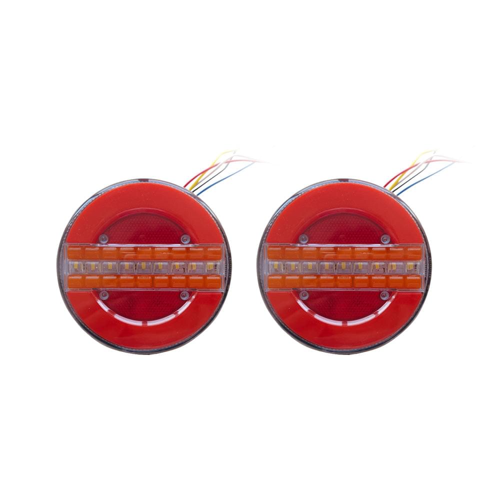 Pair of round LED tail lights with red lenses and amber LED bars, front view