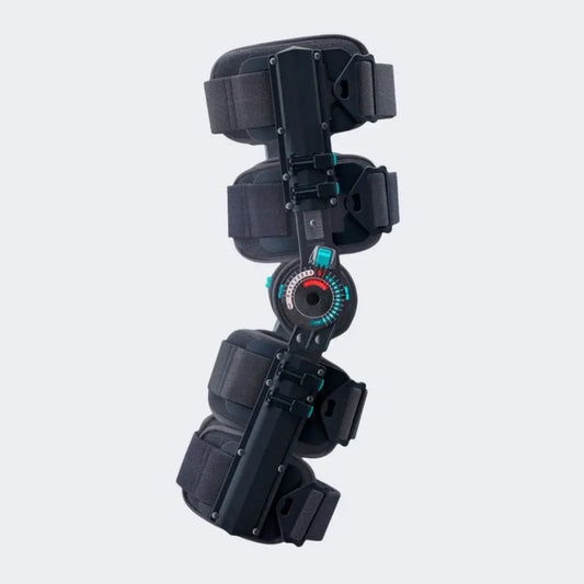 Knee ROM brace with padded hinges, multi-strap fit and adjustable dial control