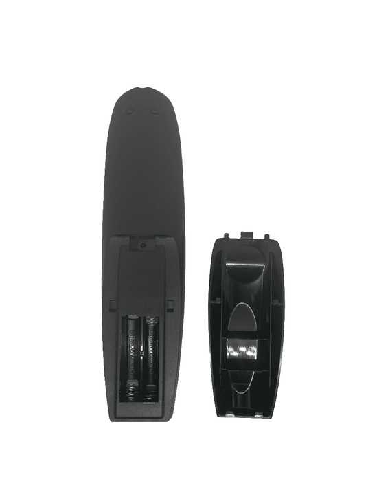 Black TV remote control with open battery compartment and exposed contacts