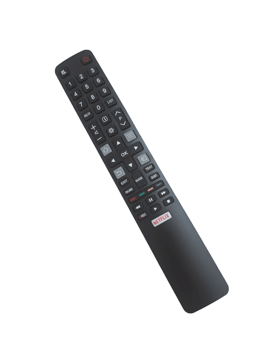 Dark TV remote control with numeric keypad and directional buttons