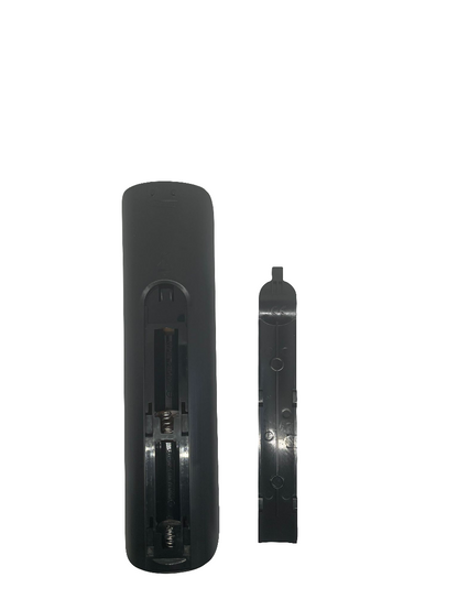 Black smart TV remote control body with back panel showing battery compartment details