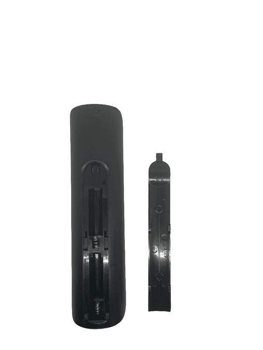 Black smart TV remote control body with back panel showing battery compartment details