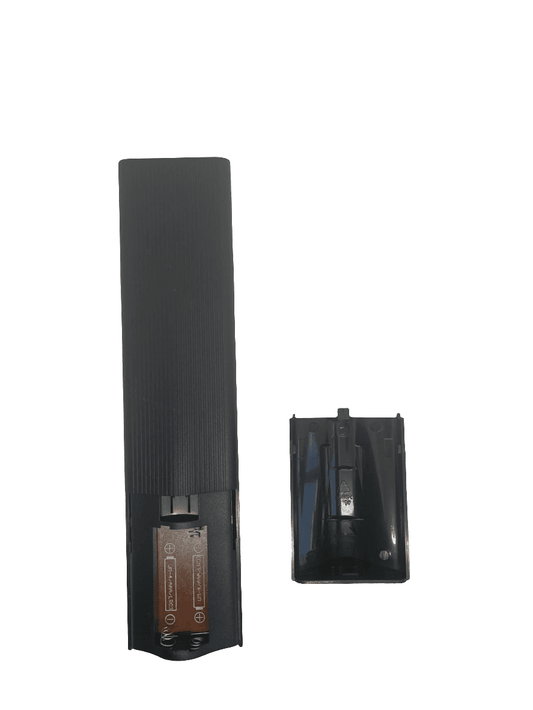 TV remote control with open battery compartment cover, dark plastic