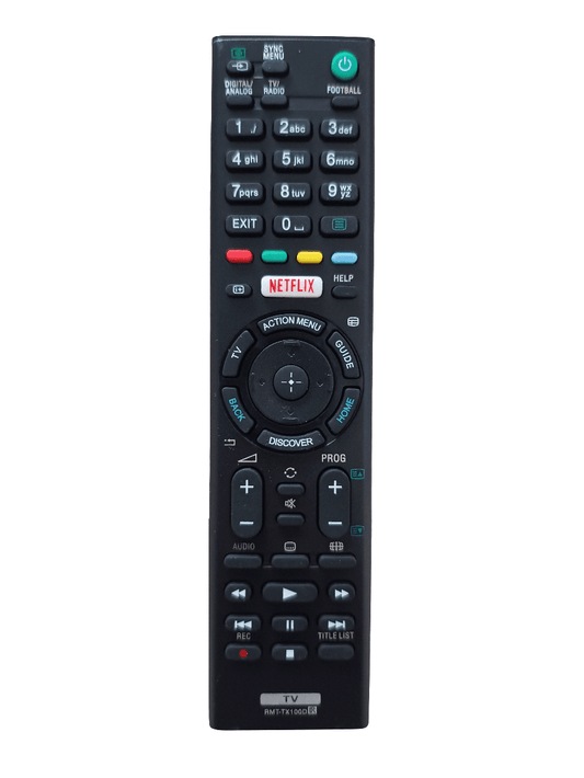 Black TV remote control with colored function buttons and directional pad