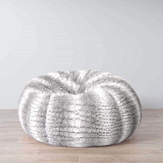 Silver gray faux fur bean bag with rounded bolster shape and textured cover