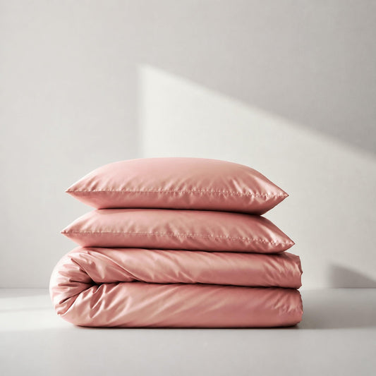 Coral pink bamboo quilt cover with matching pillowcases, neatly folded stack