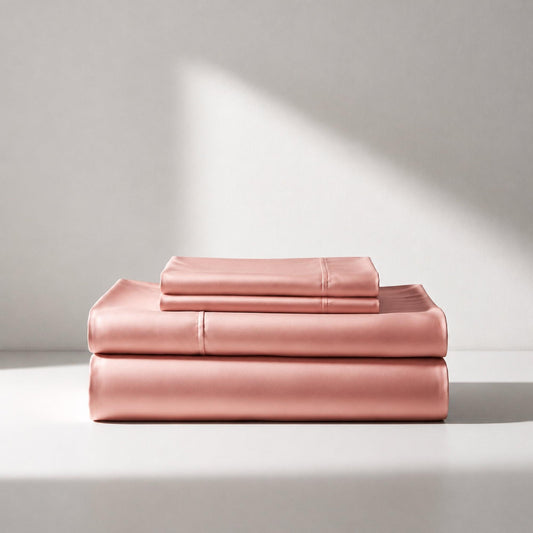 Coral pink bamboo sheet set, folded top sheet and pillowcases