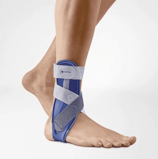 Ankle splint brace with grey and blue panels, adjustable straps on foot and ankle