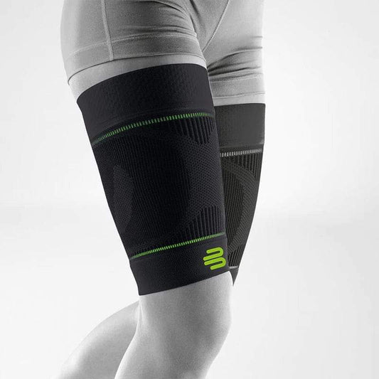 Sports compression thigh sleeves (pair) in black with green-striped band and logo