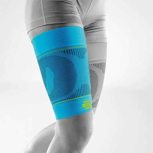 Sports compression thigh sleeves (pair) in turquoise blue with green logo band