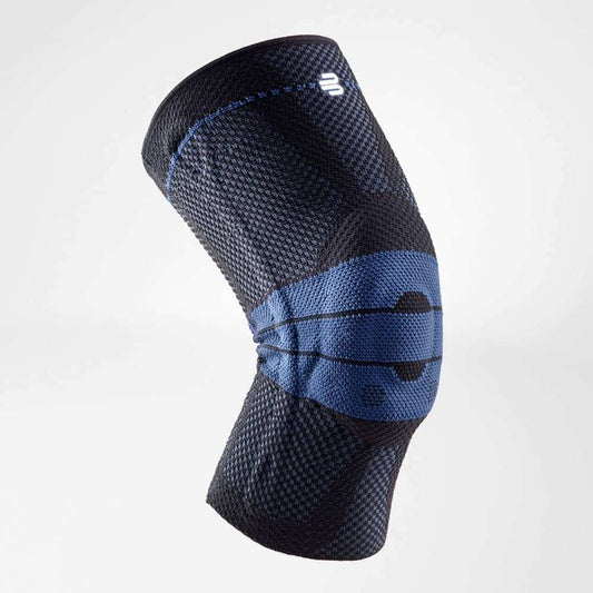 Active knee sleeve, dark grey with blue band and breathable knit texture