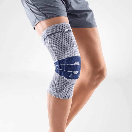 Active knee sleeve, light grey with blue compression band and openwork texture