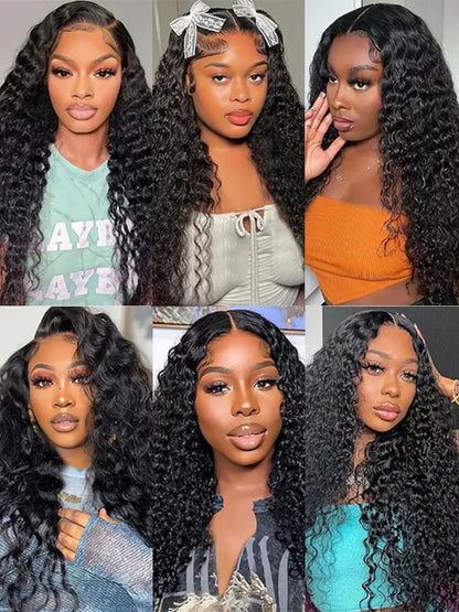 Long black deep-wave wig styled in multiple angles with a smooth hairline