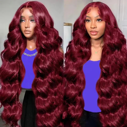Burgundy body wave lace wig with deep waves and natural-looking part