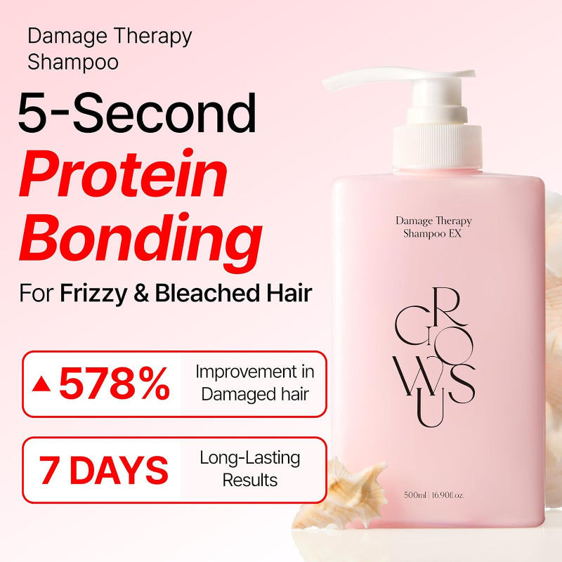Pink Damage Therapy Shampoo EX bottle with white pump, protein bonding design