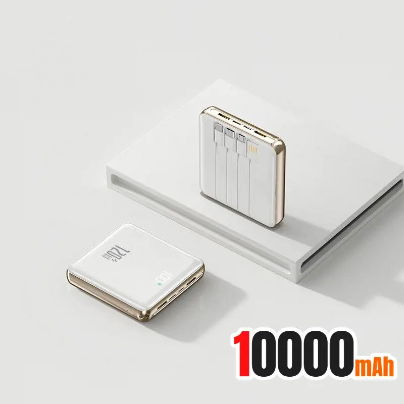 White mini power bank with LED display and built-in charging connectors, 10000mAh