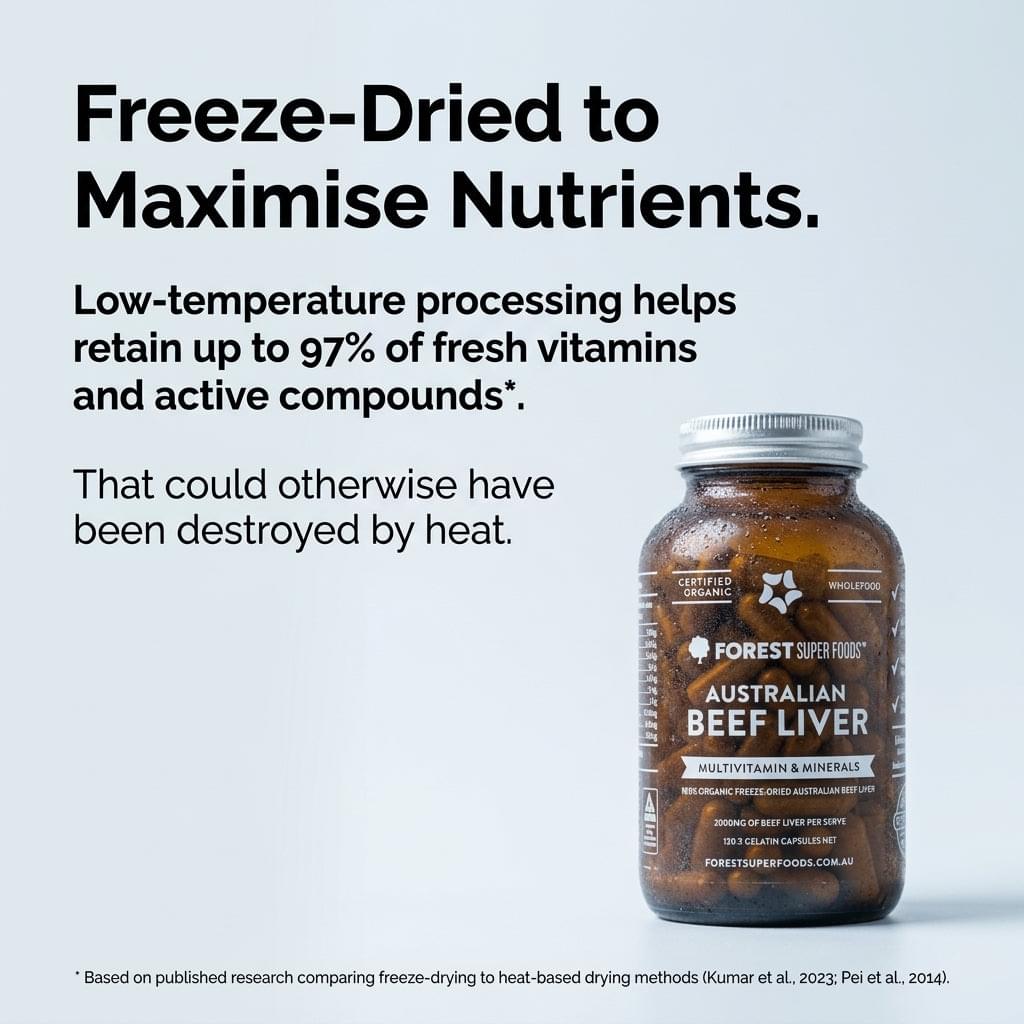 Freeze-dried beef liver supplement bottle, amber glass with silver cap