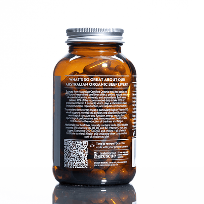 Beef liver supplement bottle back view with QR code and information panel