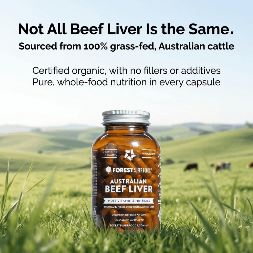 Beef liver supplement capsules bottle in green grass