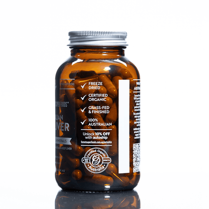Beef liver supplement bottle with freeze-dried and grass-fed checklist