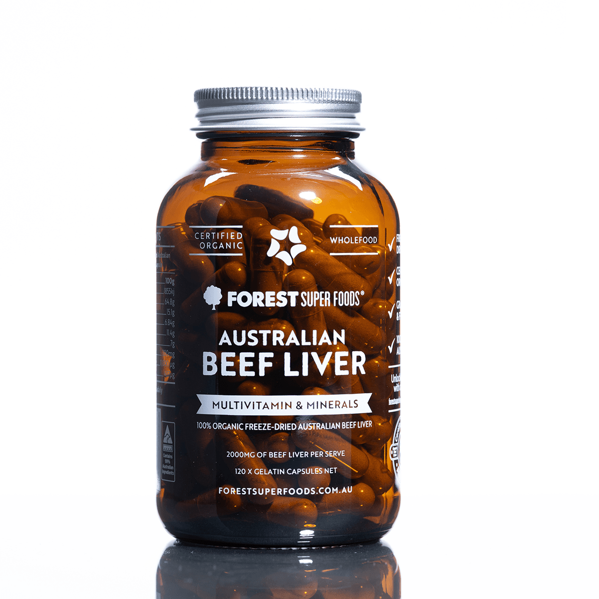 Organic beef liver supplement bottle, amber glass with silver cap