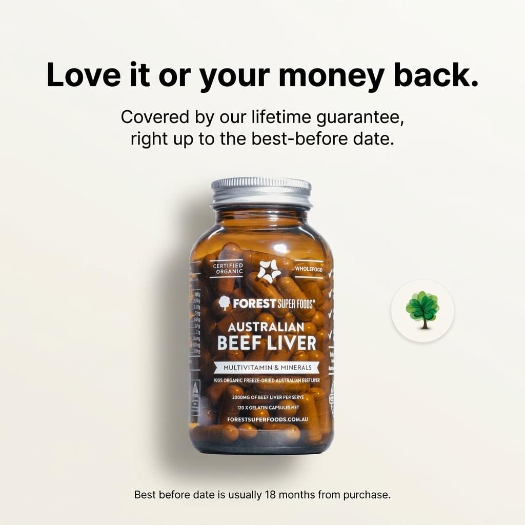 Beef liver supplement capsules bottle with circular guarantee icon