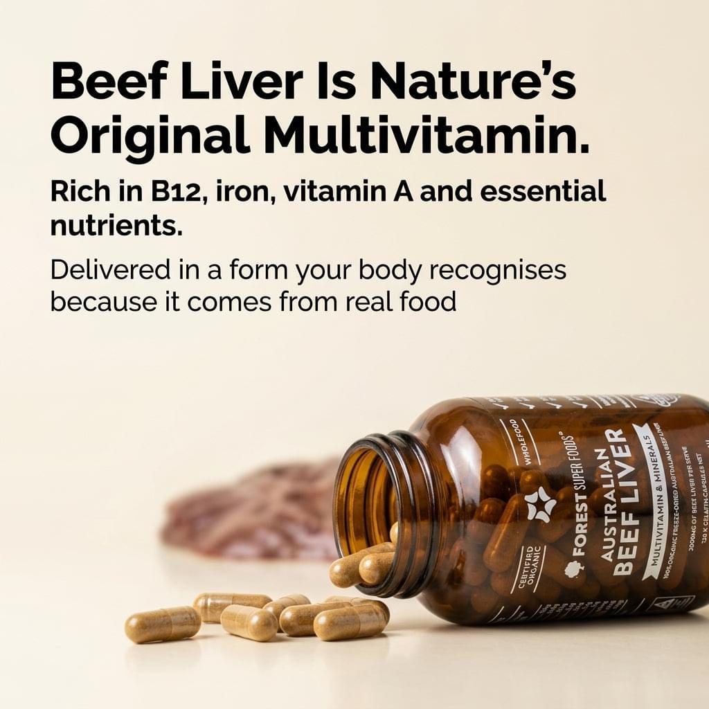 Beef liver supplement bottle with beige capsules on the surface