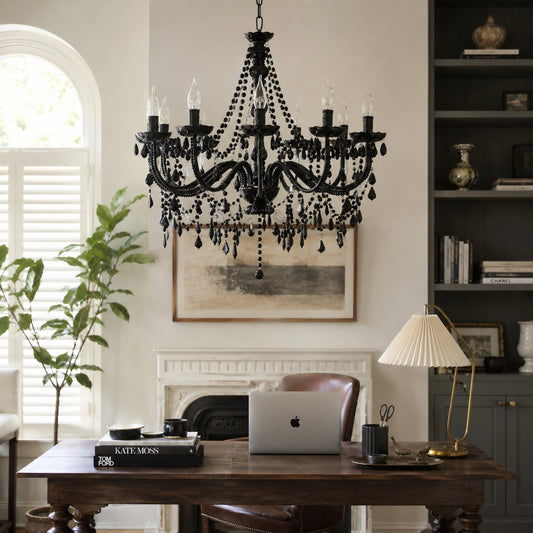 Black chandelier with candle bulbs and cascading beaded drops