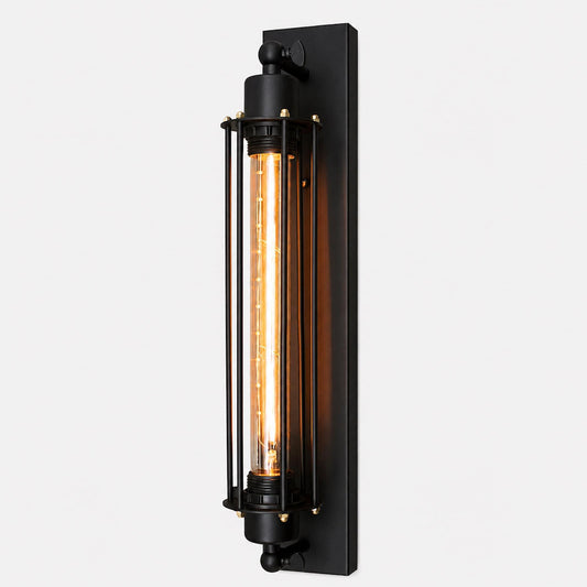 Black wall sconce lamp with clear filament globe in a rectangular cage
