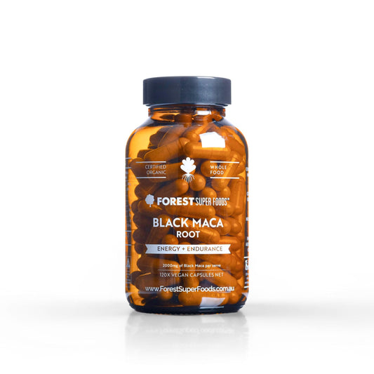 Certified organic black maca capsules bottle, amber glass with black cap