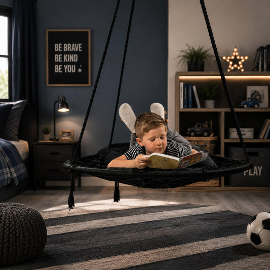 Black macrame hanging hammock swing with tassels in living room