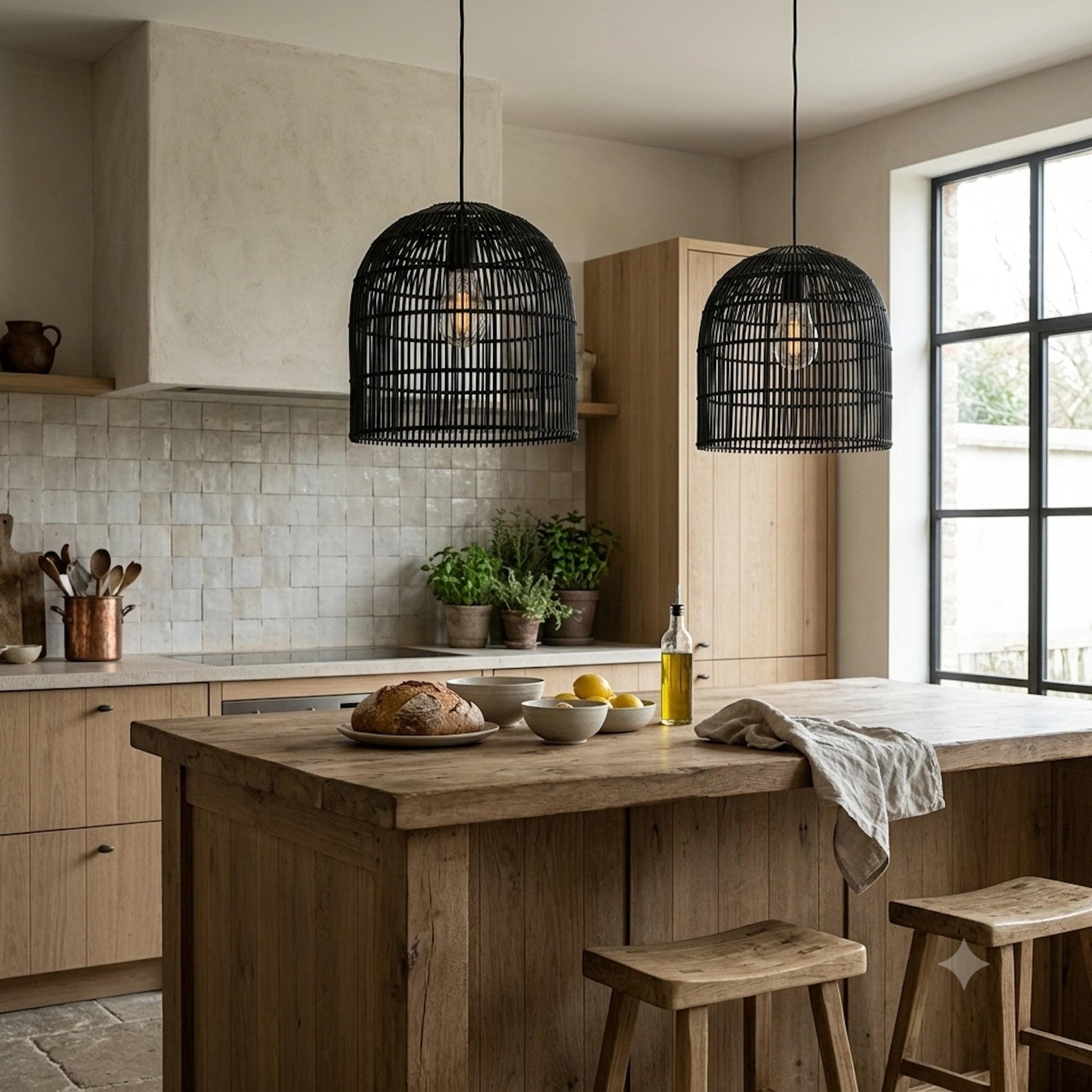 Pair of black cage rattan cane pendant lights hanging from cords