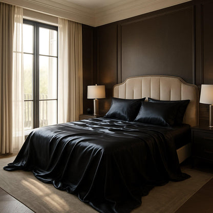 Black satin sheet set with matching pillowcases on a bed