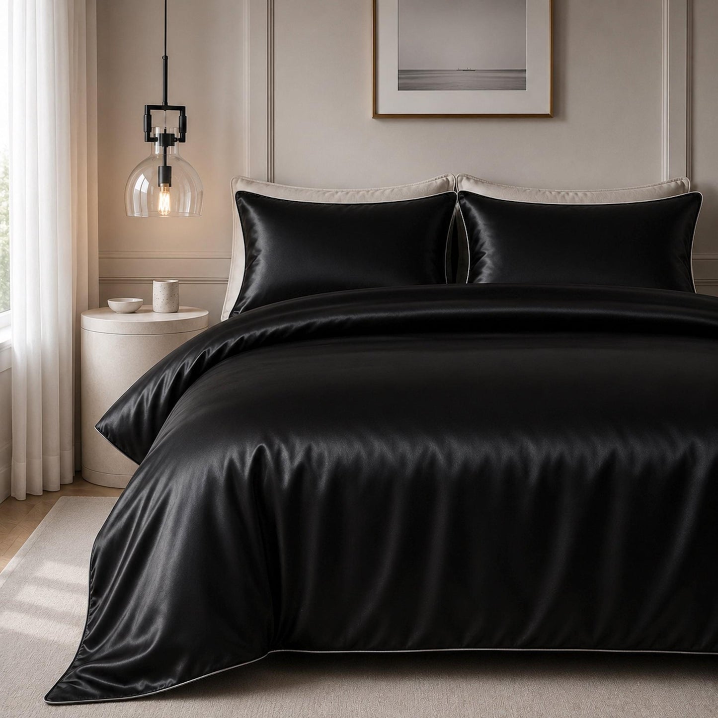Black satin quilt cover set with two pillow shams, smooth glossy finish