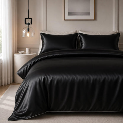 Black satin quilt cover set with two pillow shams, smooth glossy finish