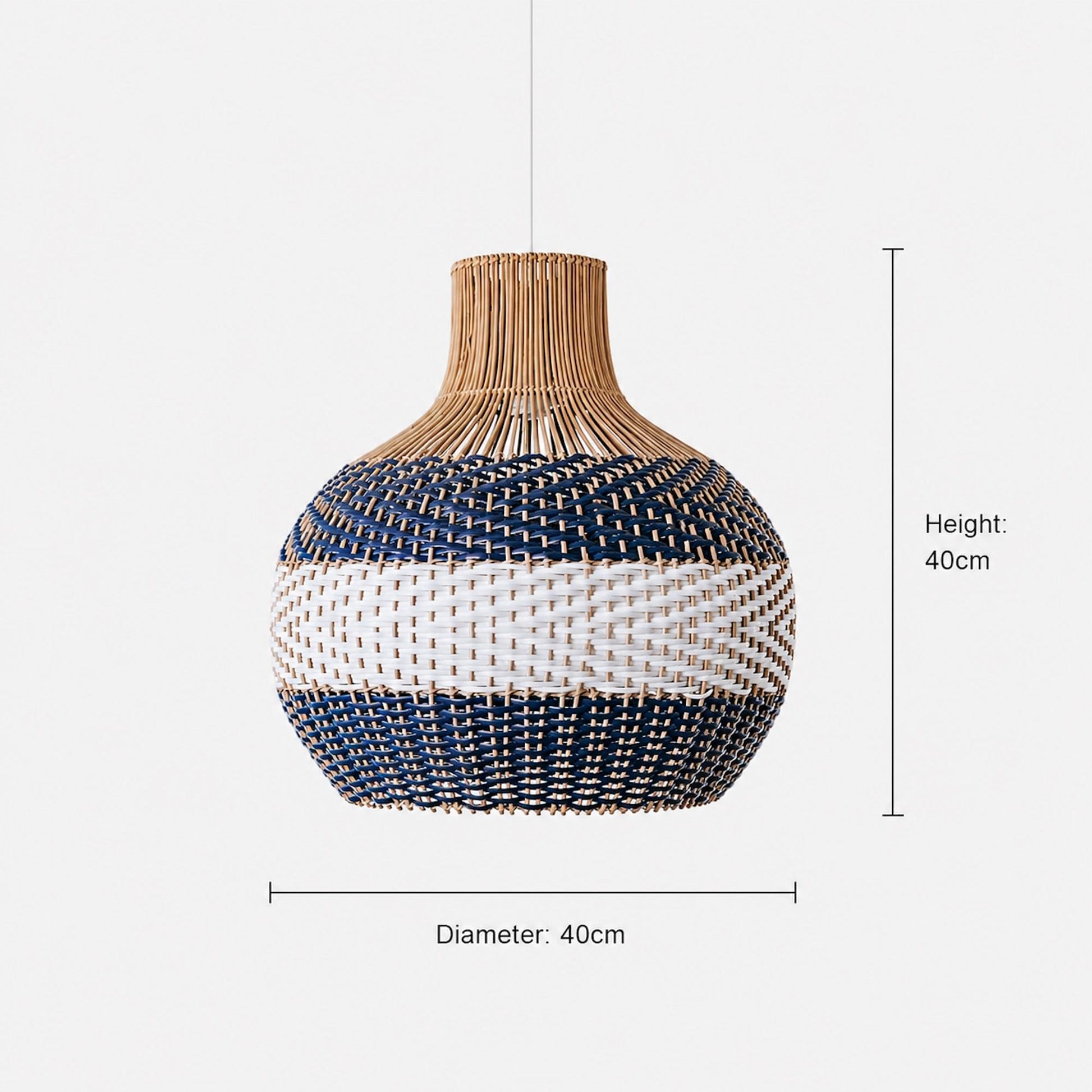Rattan pendant light, white and blue woven globe shade with narrow rattan collar