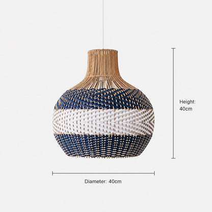 Rattan pendant light, white and blue woven globe shade with narrow rattan collar