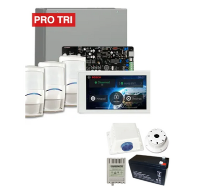 Bosch Solution 4000 Alarm Kit with ICP-SOL4-P Panel, IUI-SOL-TS5 5" Touchscreen Keypad, 3x ISC-PDL1-W18G Tri-Tech Detectors & Siren Kit – K4000-3PROTRI-TS5