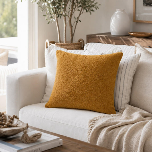 Mustard boucle teddy cushion cover, square pillow with soft textured front