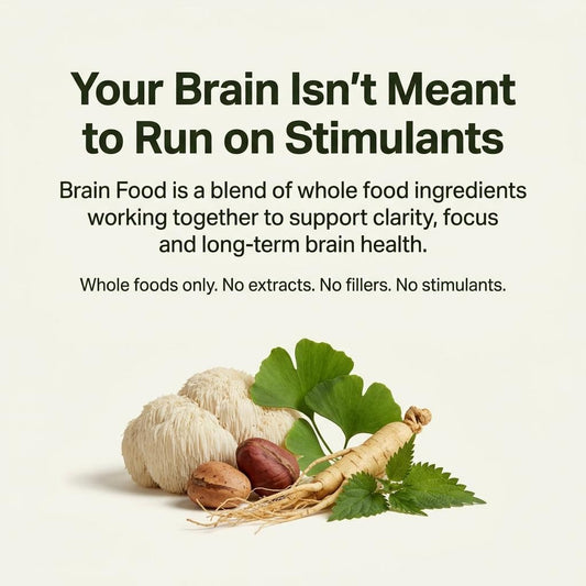 Brain Food brain health ingredients: mushrooms, roots, leafy herbs and seeds