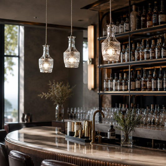 Set of glass pendant lights with clear diamond-pattern shades and chrome caps