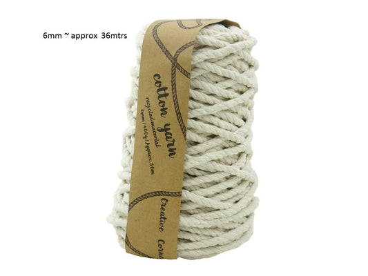 Natural macrame cotton yarn bundle, 6mm thick, approx 36m per roll