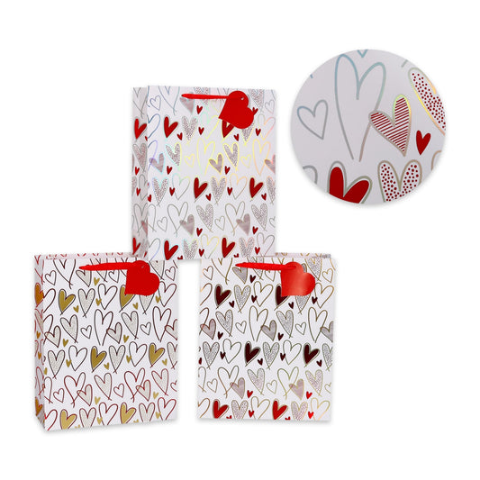 Set of 3 large gift bags, white with red hearts, bow handle