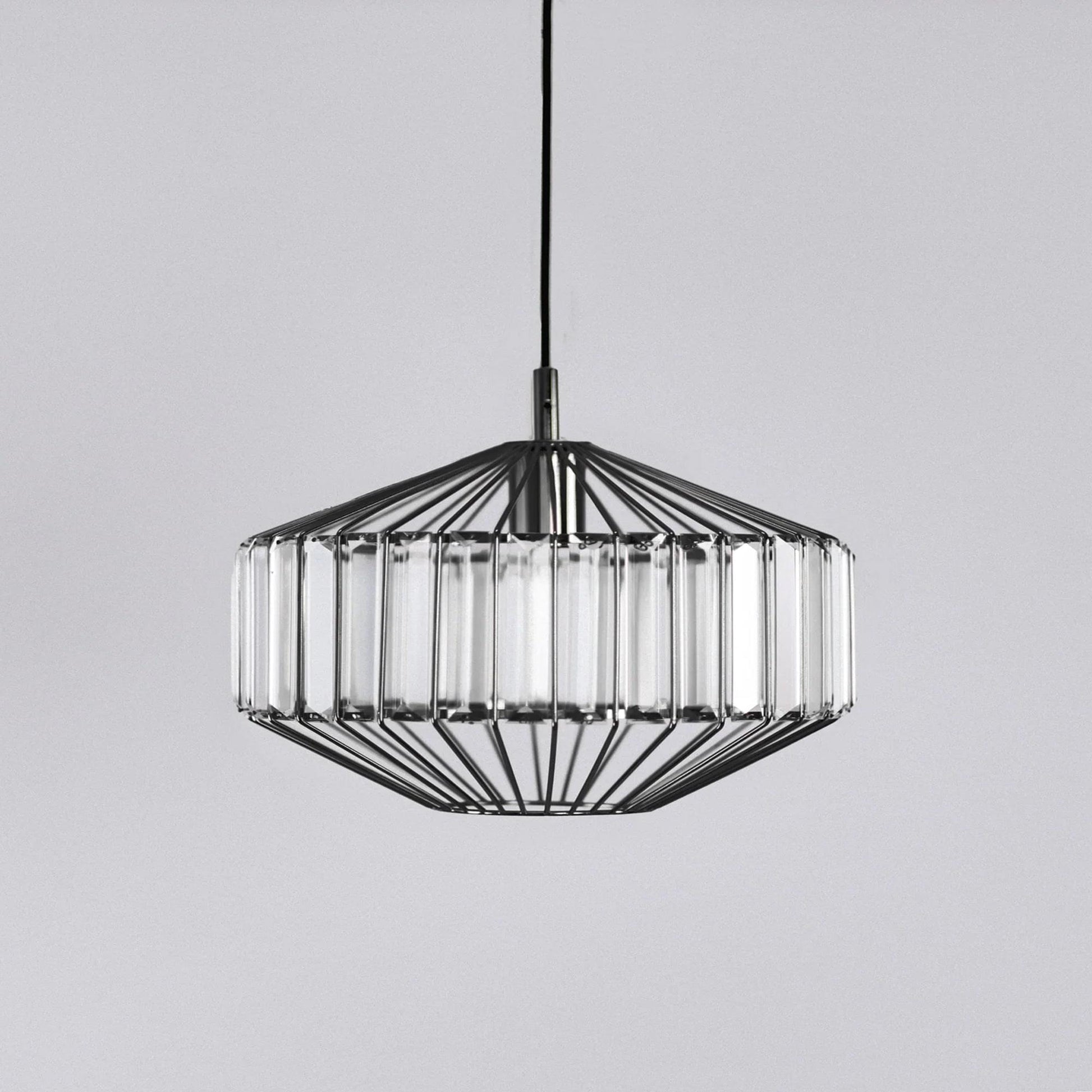 Black prism glass pendant light, ribbed glass shade with black wire frame